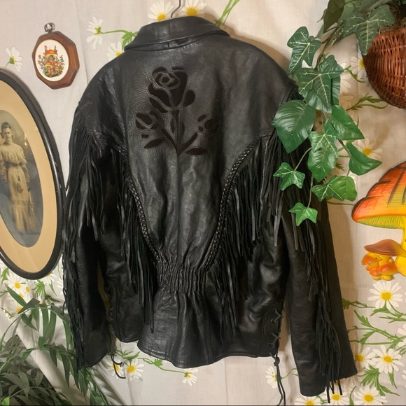 Vintage 80s black leather fringe biker jacket rose patchwork braided accents - Picture 11 of 11